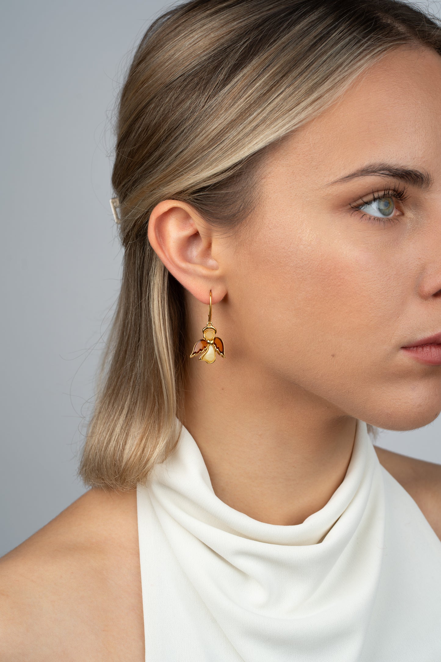 Paauksuoti auskarai su medaus ir pienišku gintaru „Custodes Solis“