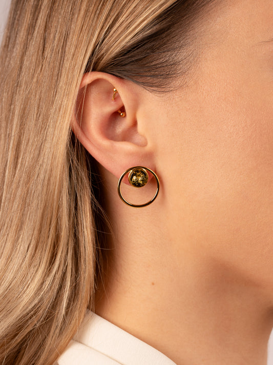 Paauksuoti gintariniai auskarai su žaliu gintaru „Porta Stellarum“