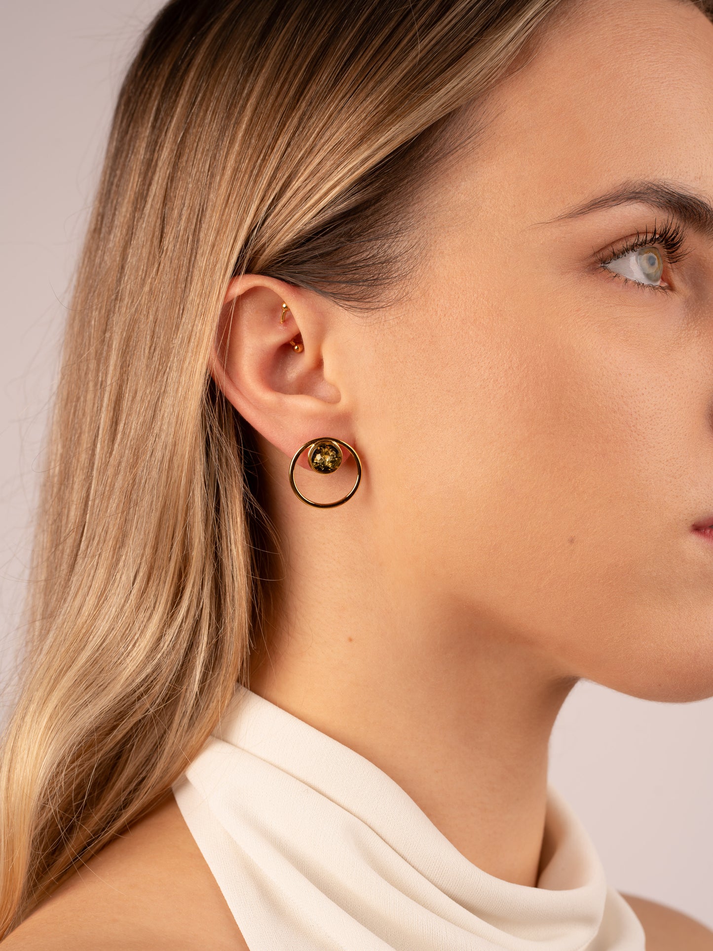 Modern Gold-Plated Earrings with Green Amber "Porta Stellarum"