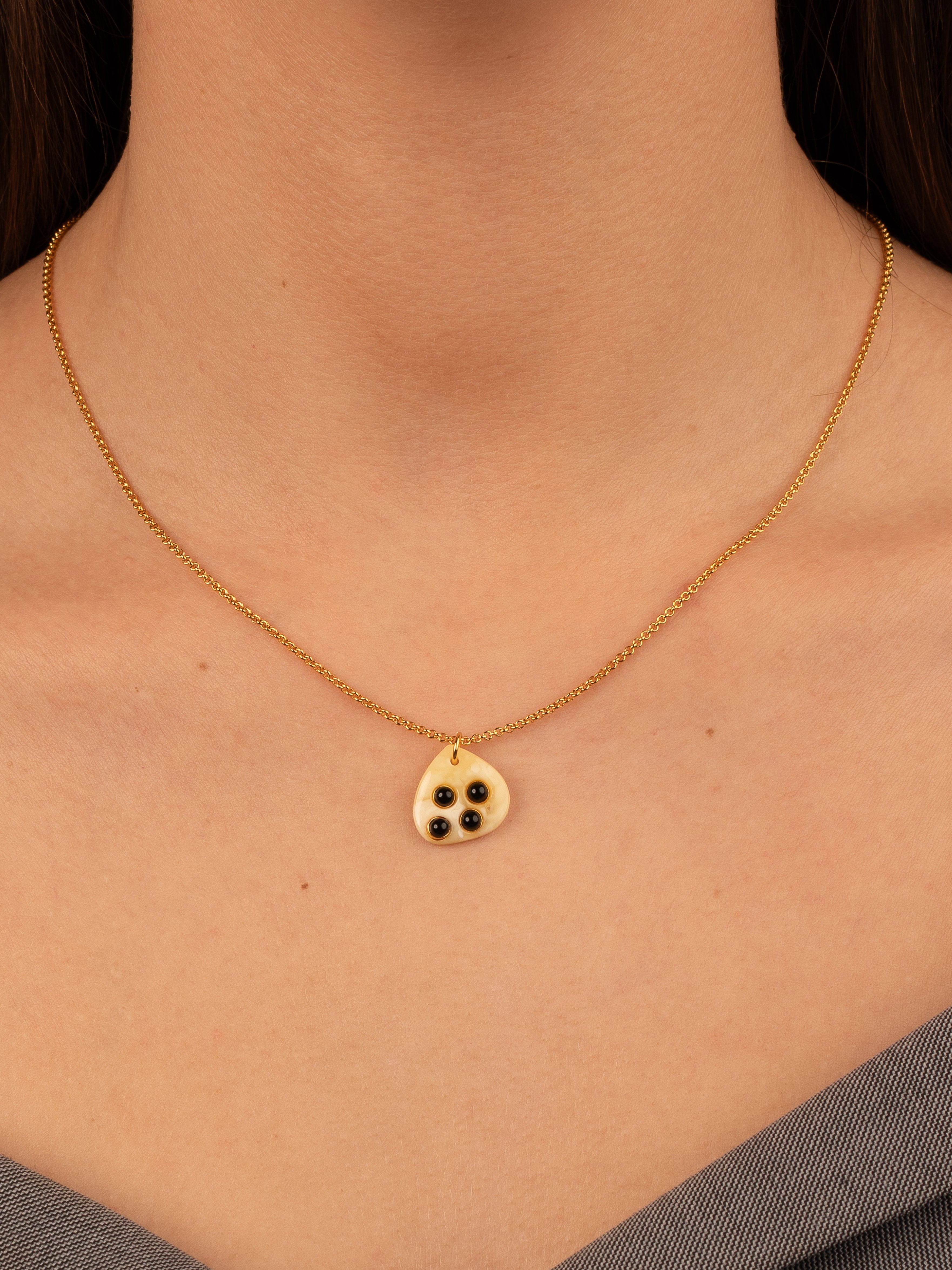 Minimalist Gold-Plated Pendant with Milky Baltic Amber "Obsidian Harmony"