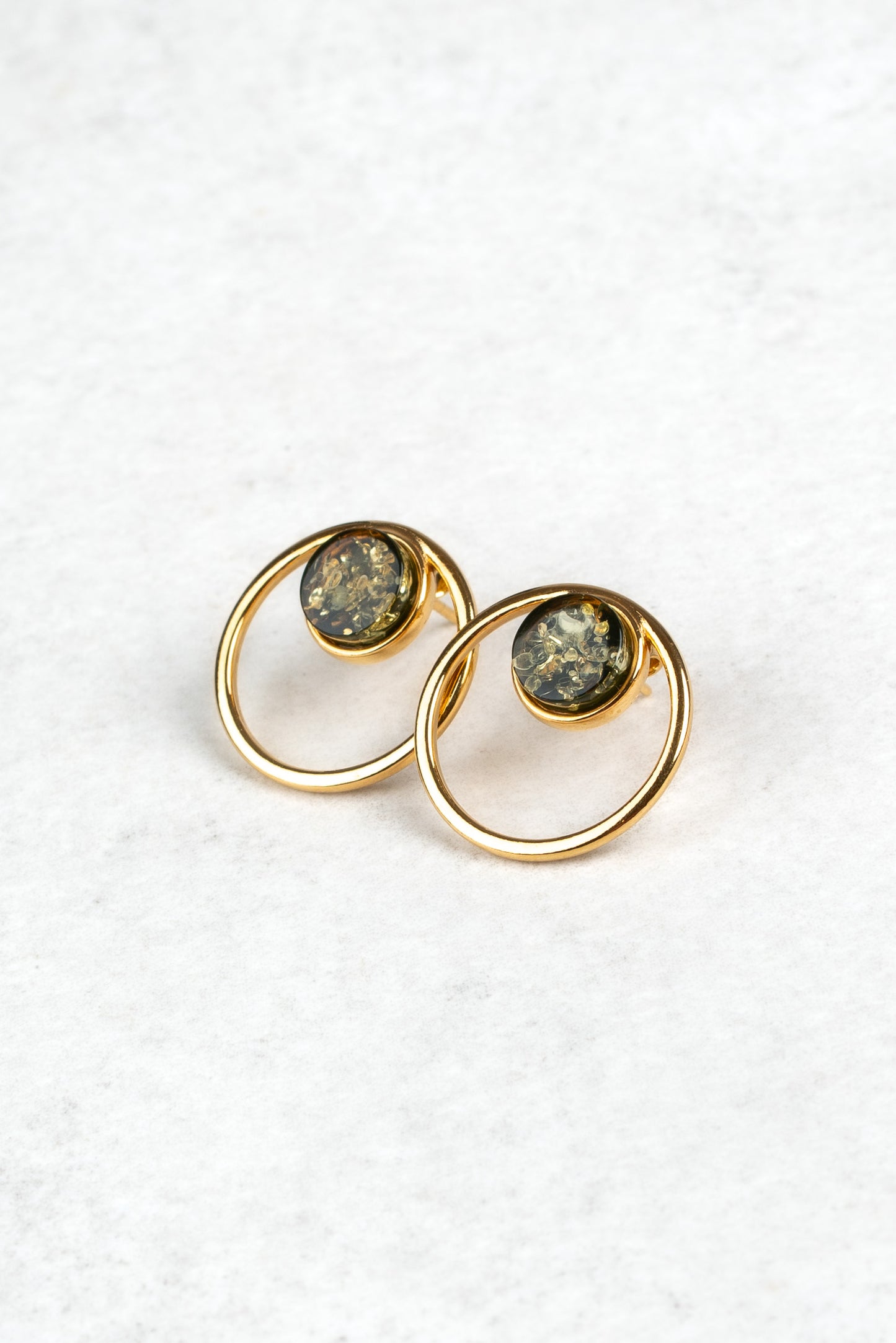 Modern Gold-Plated Earrings with Green Amber "Porta Stellarum"