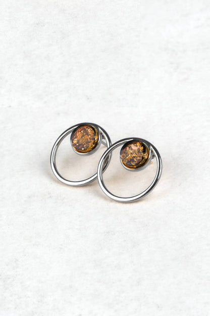 Modern Silver Earrings with Honey Amber "Porta Stellarum Honey"