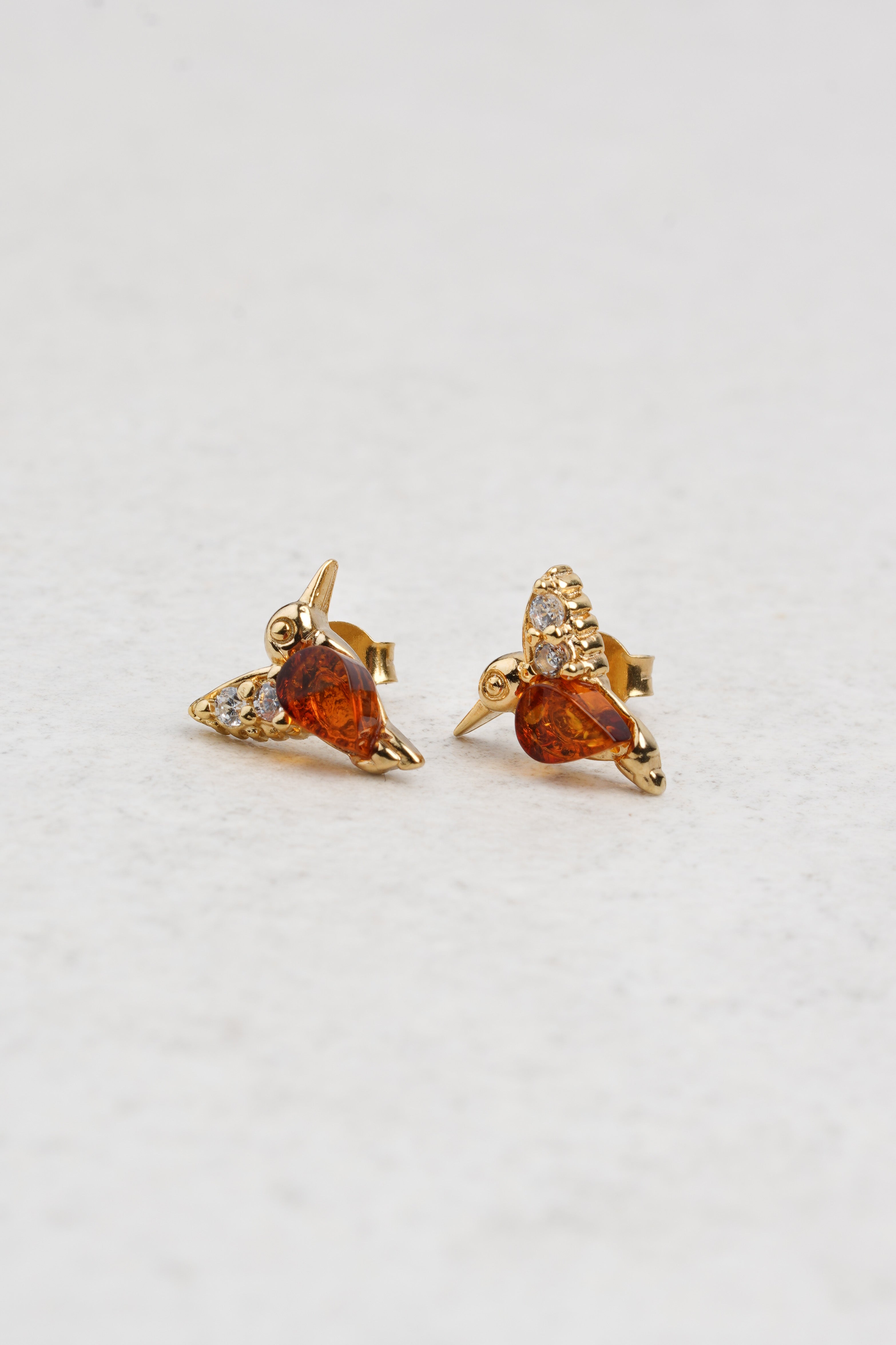 Minimalist Gold-Plated Amber Earrings with Honey Amber and Cubic Zirconia Stones "Natura Aurata"