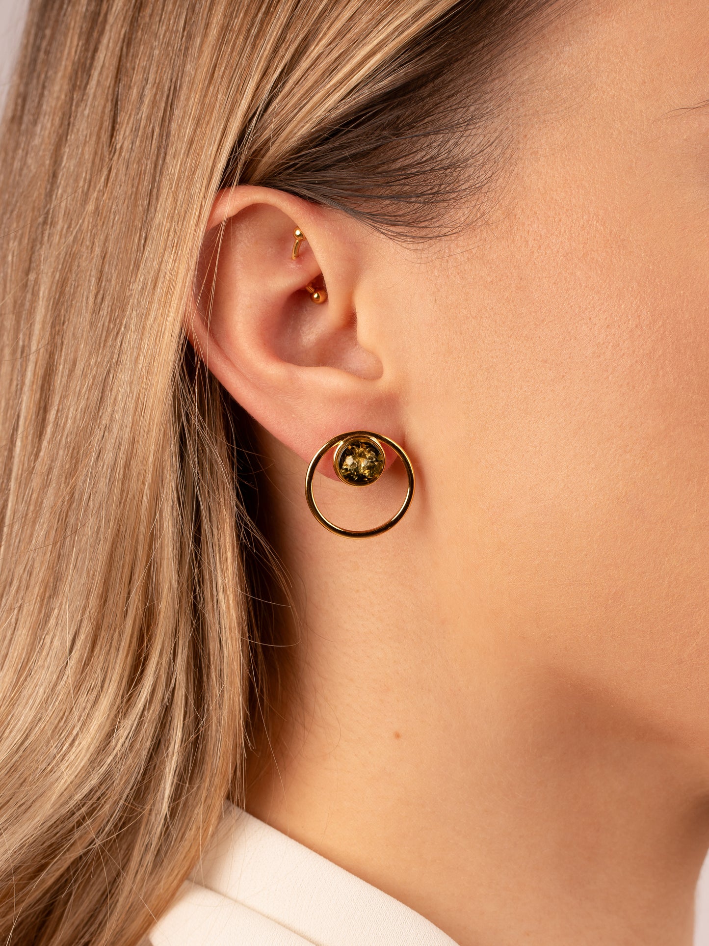 Modern Gold-Plated Earrings with Green Amber "Porta Stellarum"