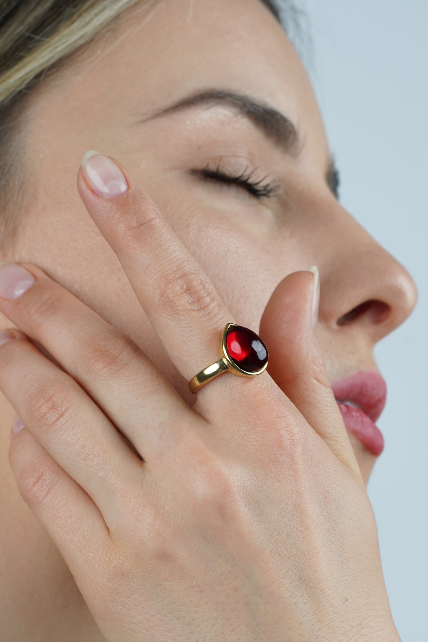 Gold-Plated Ring with Natural Red Amber "Peccatum Dulce – Lacrima"