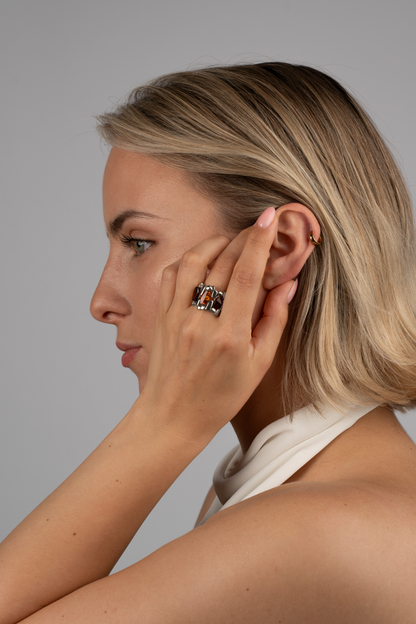 Sidabrinis medaus ir vyšnių spalvos gintaro žiedas „Luxar Ambrosium - Origo“