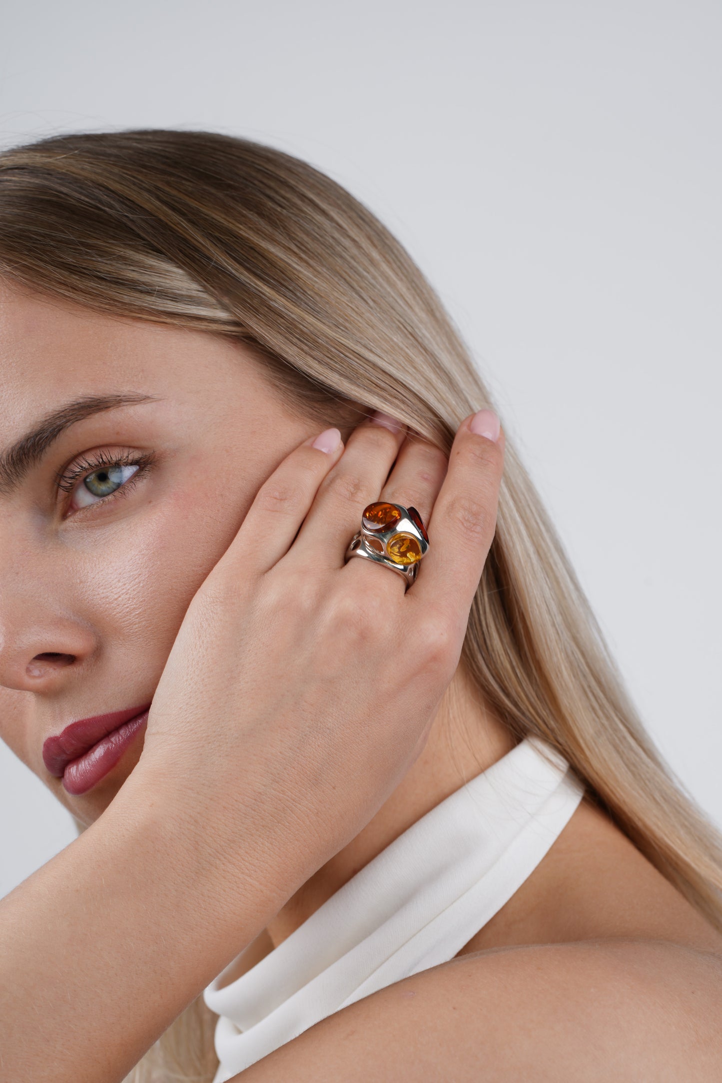 Unique Silver Ring with Baltic Amber "Flos Mellis"