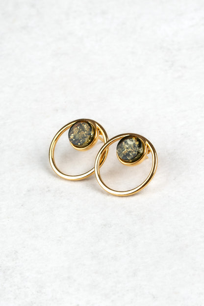 Modern Gold-Plated Earrings with Green Amber "Porta Stellarum"