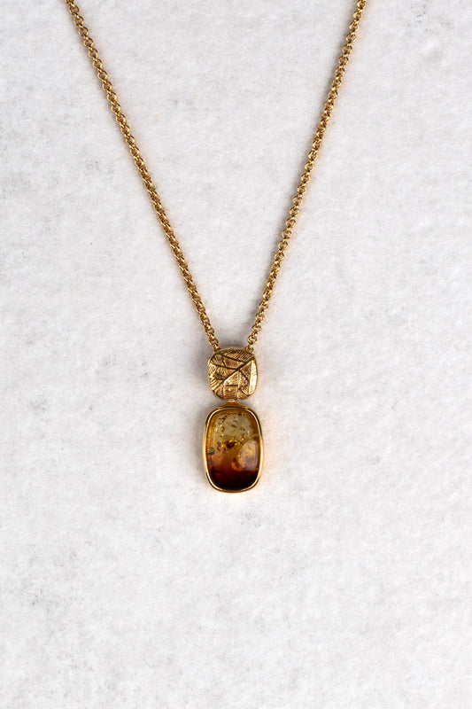 Minimalist Gold-Plated Amber Pendant with Honey-Colored Amber "Aurea Textura"