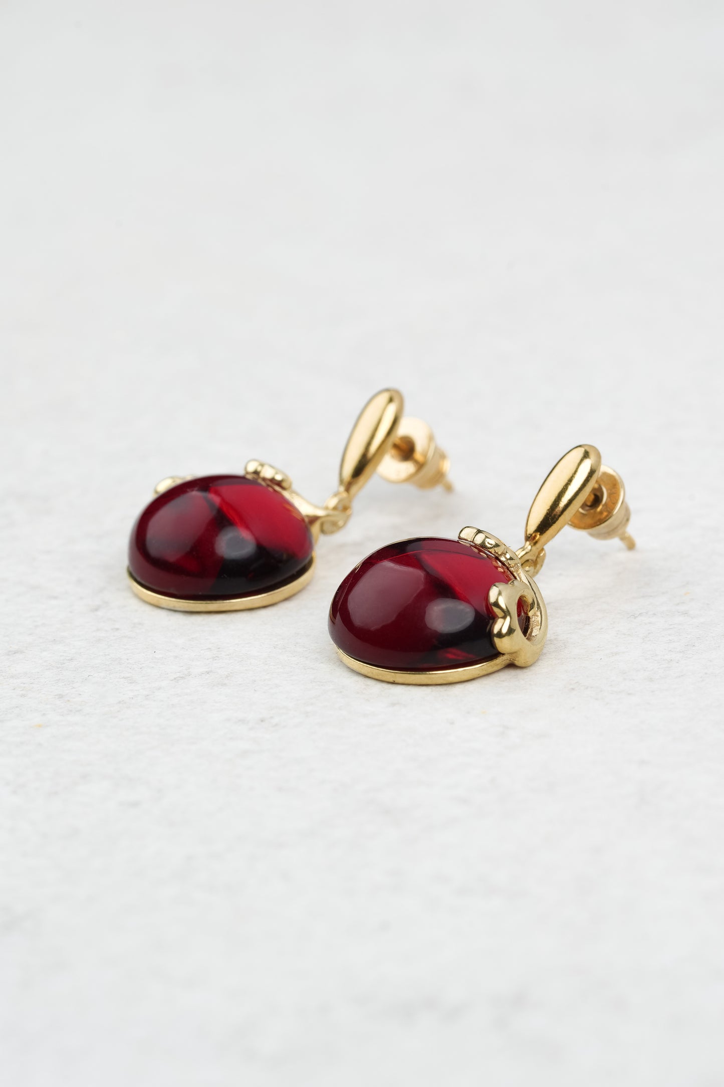 Gold-Plated Earrings with Natural Red Amber "Peccatum Dulce – Cochlea"