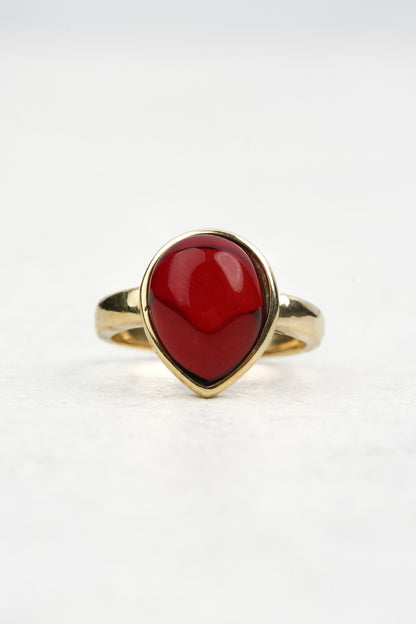 Gold-Plated Ring with Natural Red Amber "Peccatum Dulce – Lacrima"