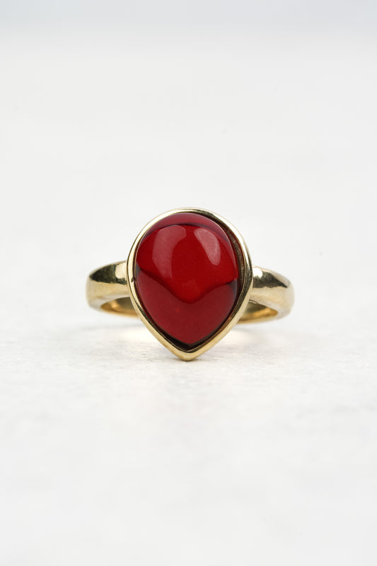 Gold-Plated Ring with Natural Red Amber "Peccatum Dulce – Lacrima"