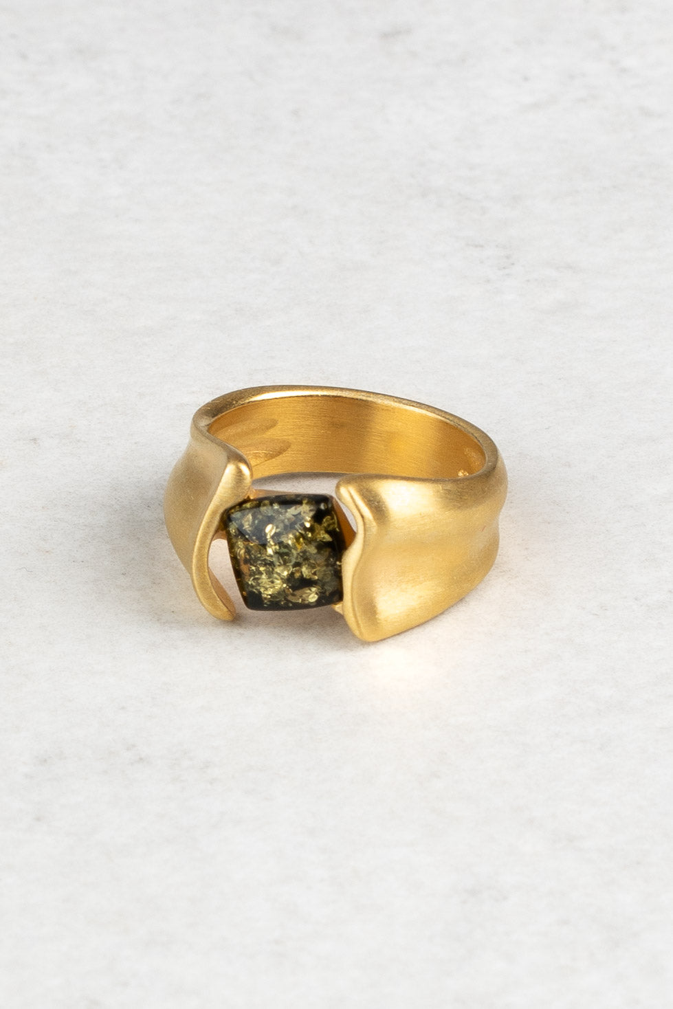 Modern Gold-Plated Amber Ring with Green Amber "Aurum Silvae"